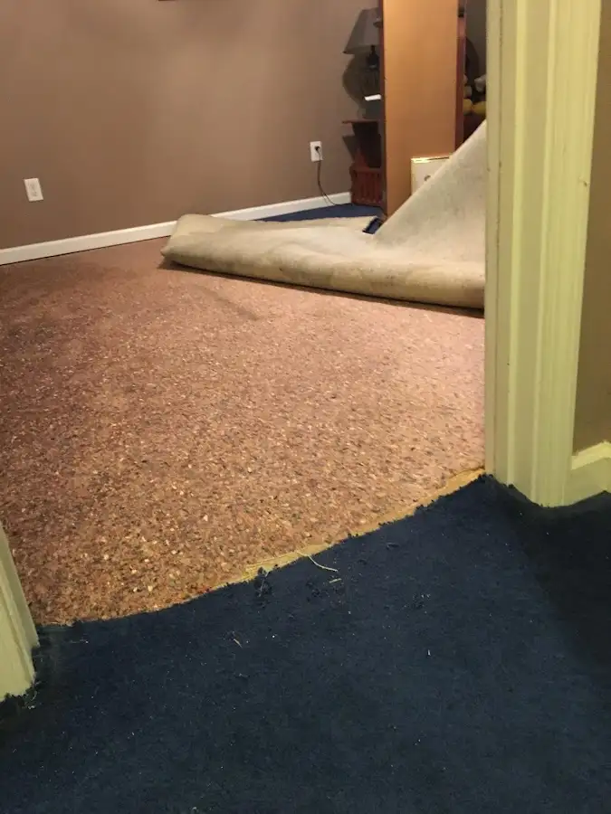 Carpet pad removal revealing water damage during Drying & Dehumidification in San Diego
